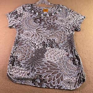 Ruby Rd Women's Brown Floral Beaded Neck Ruched Side Knit Top Large